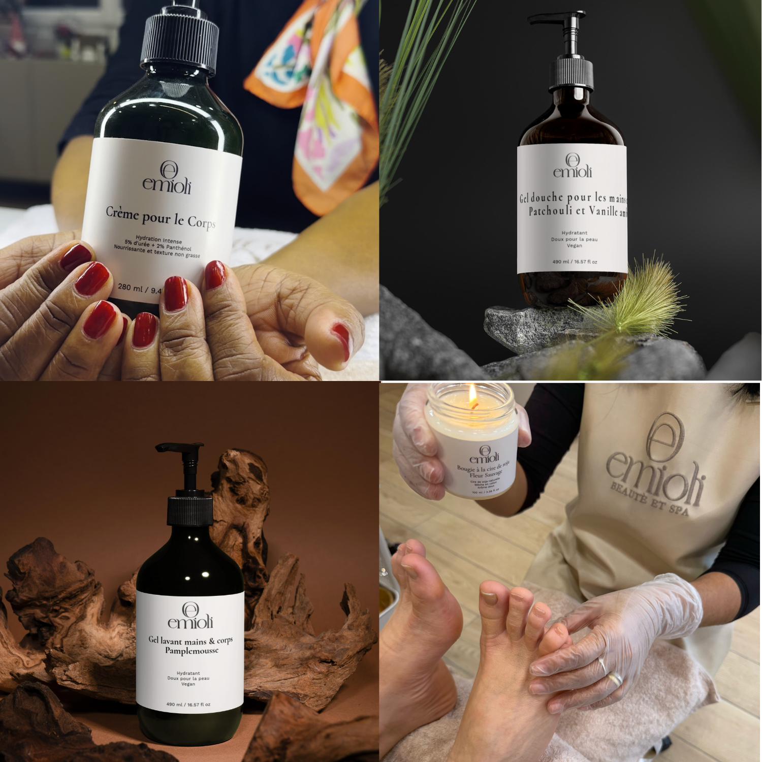 Les soins pour le corps Emioli en situation : crème, gels et bougie de massage