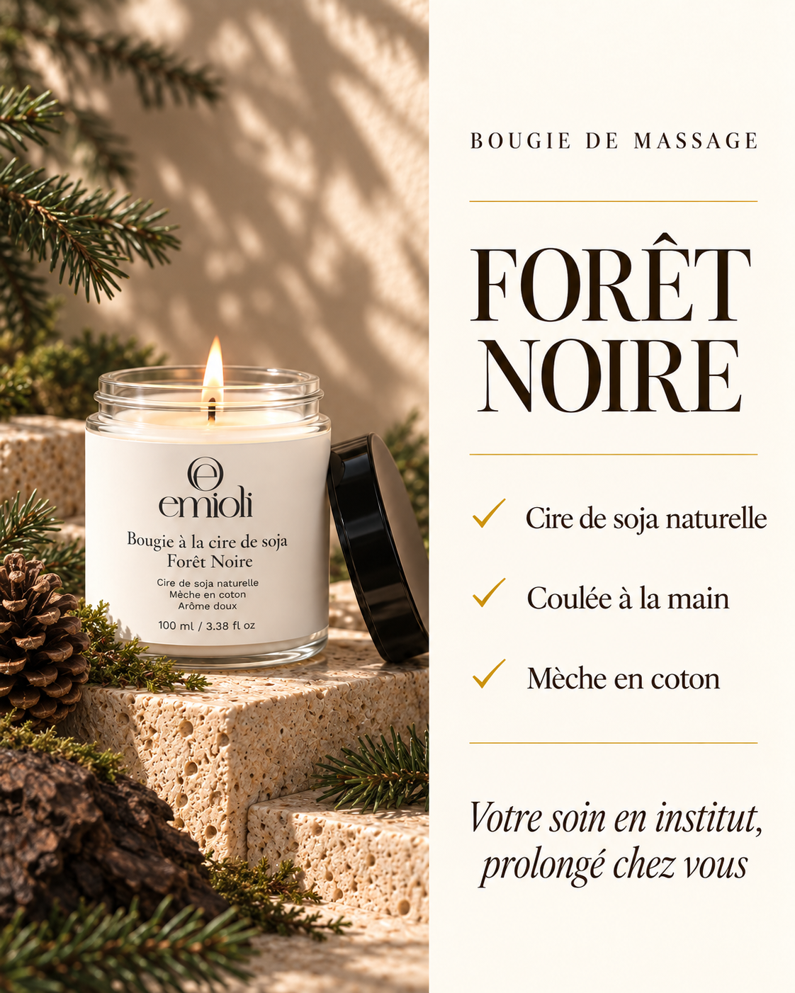 Bougie de massage à la cire de soja emioli Forêt Noire