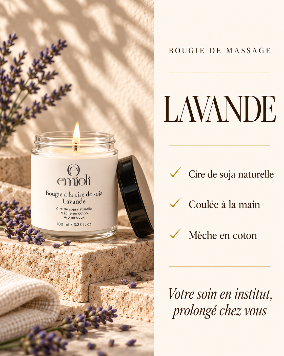 Bougie de massage à la cire de soja emioli Lavande