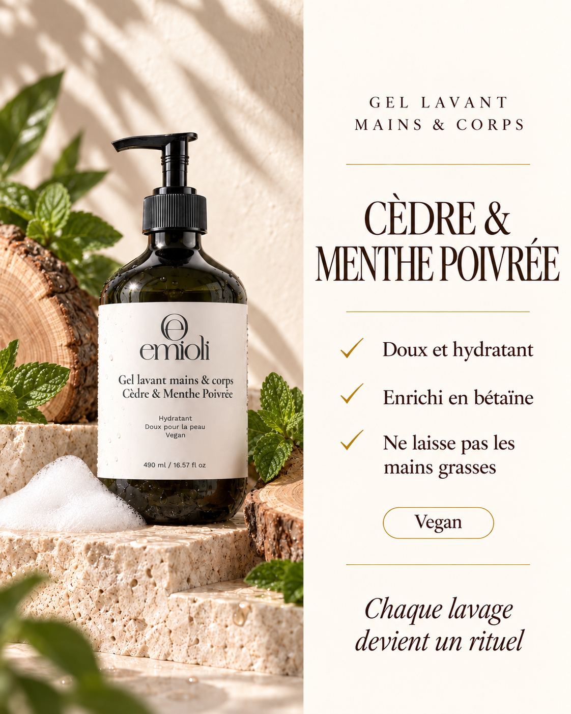 Gel lavant mains et corps emioli Cèdre & Menthe Poivrée