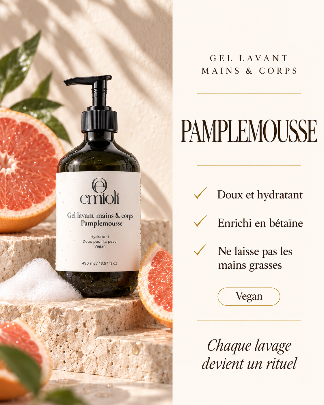 Gel lavant mains et corps emioli Pamplemousse