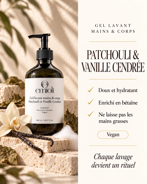 Gel lavant mains et corps emioli Patchouli & Vanille Cendrée