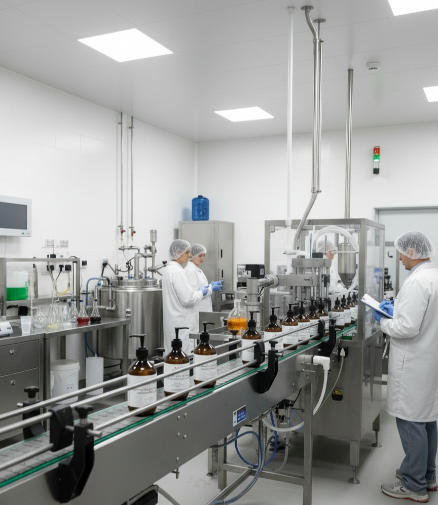 Laboratoire de fabrication : chaîne de remplissage des flacons